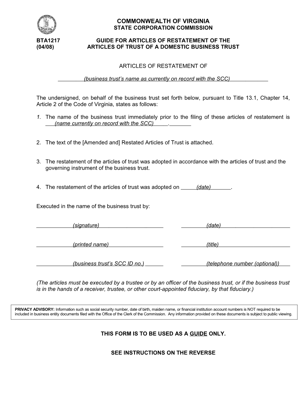 Bta1217guide for Articles of Restatement of The