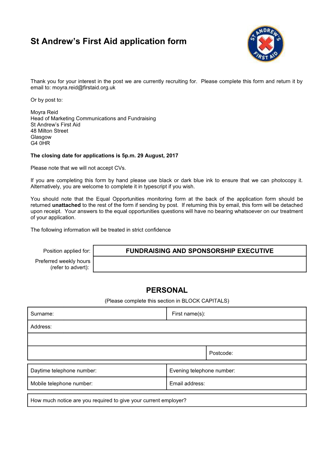 St Andrew S First Aidapplication Form