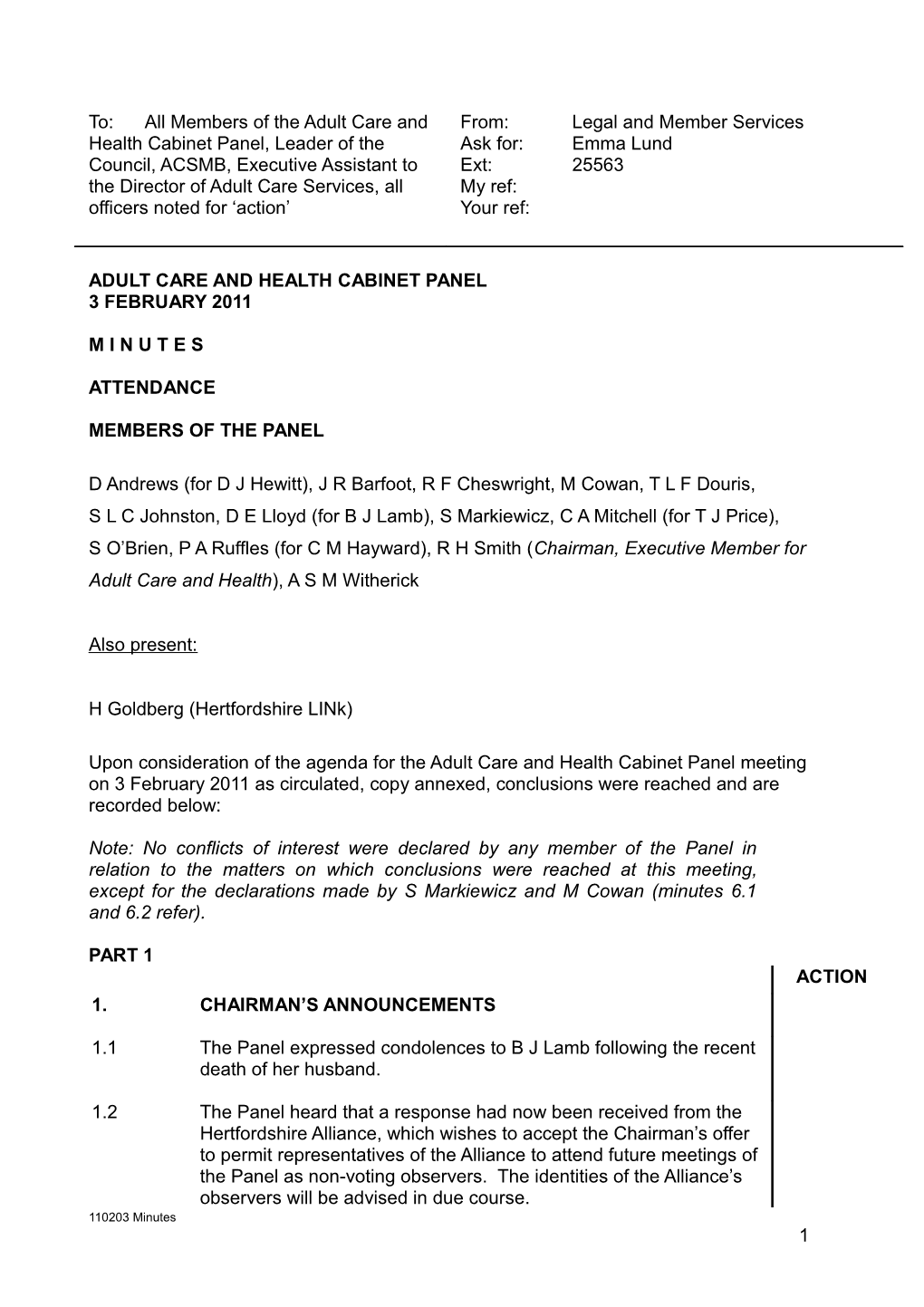 Minutes of a Meeting of the Adult Care and Health Cabinet Panel Held on Thursday 3 February