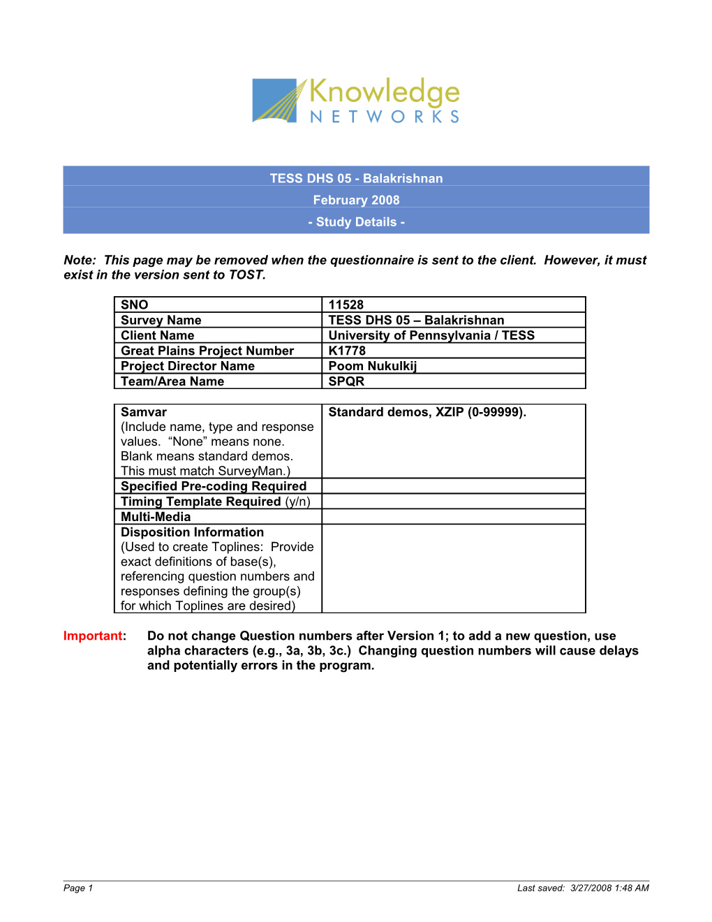 Standard Questionnaire Format