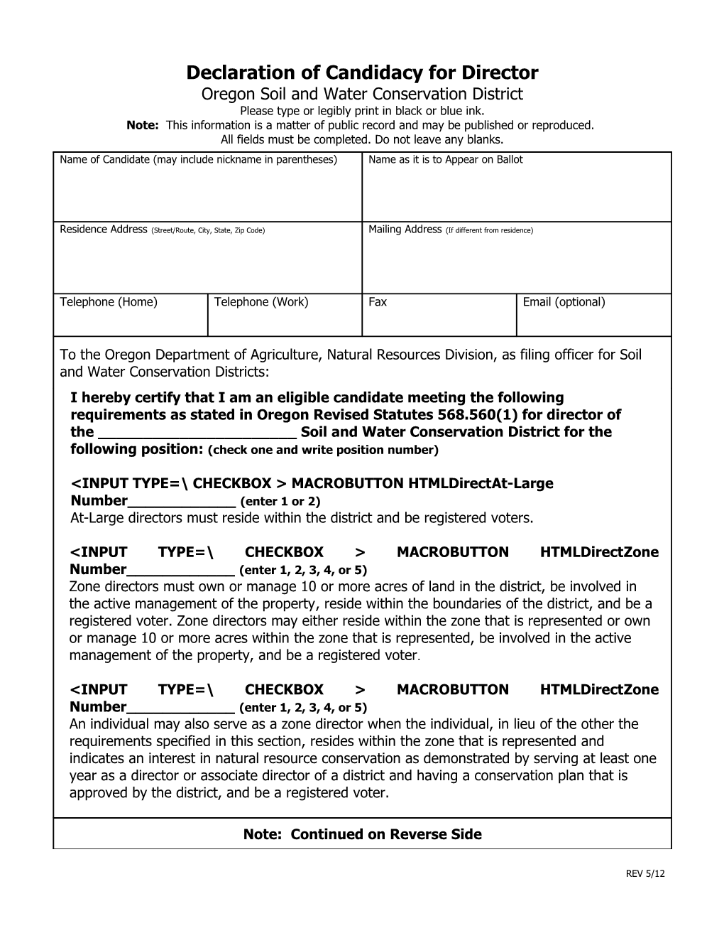 SWCD Director Declaration of Candidacy Form (2012)
