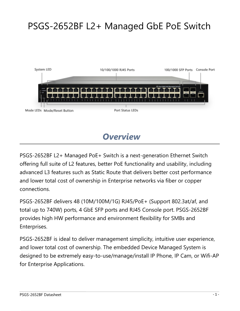 PSGS-2652BF L2+ Managed Gbe Poe Switch