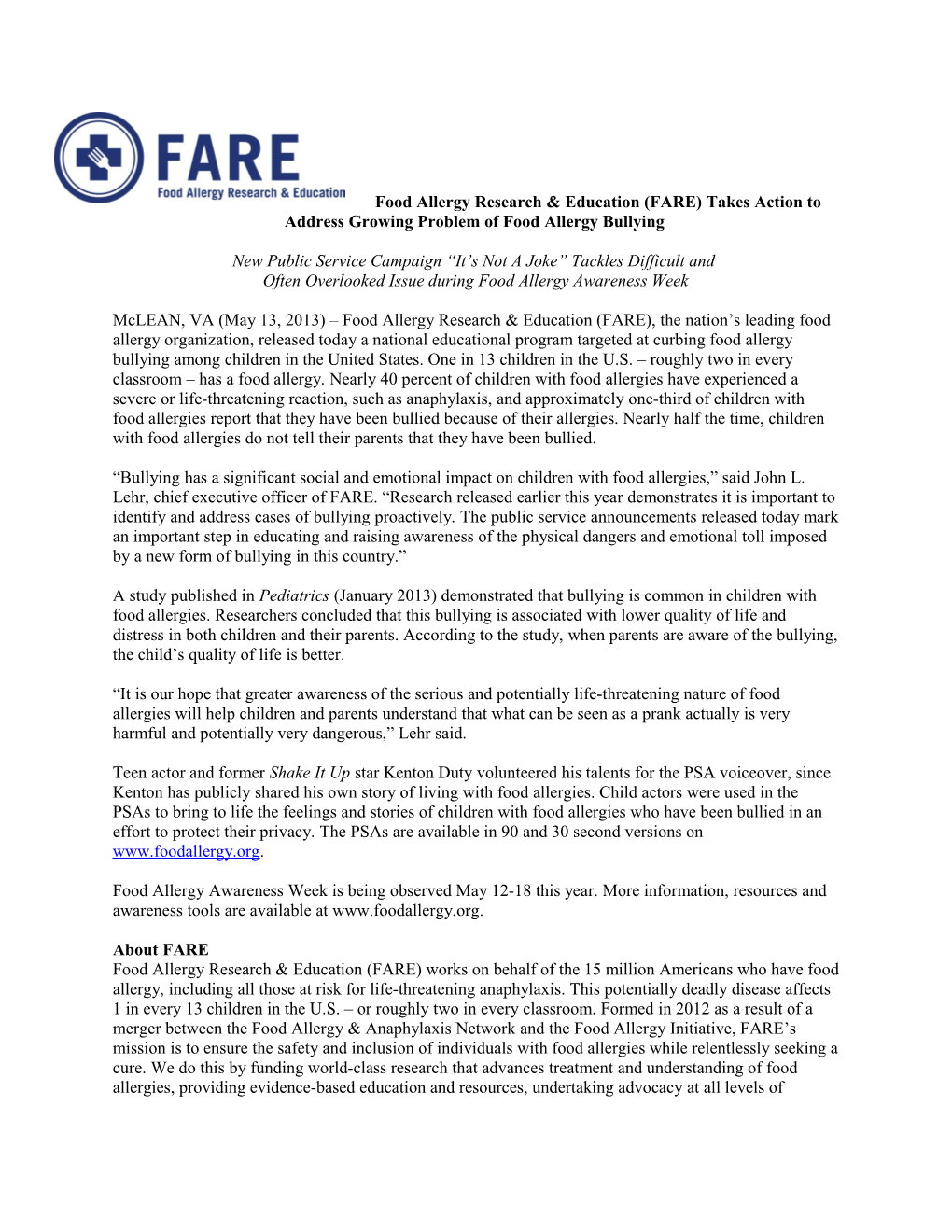 Food Allergy Research & Education (FARE) Takes Action To