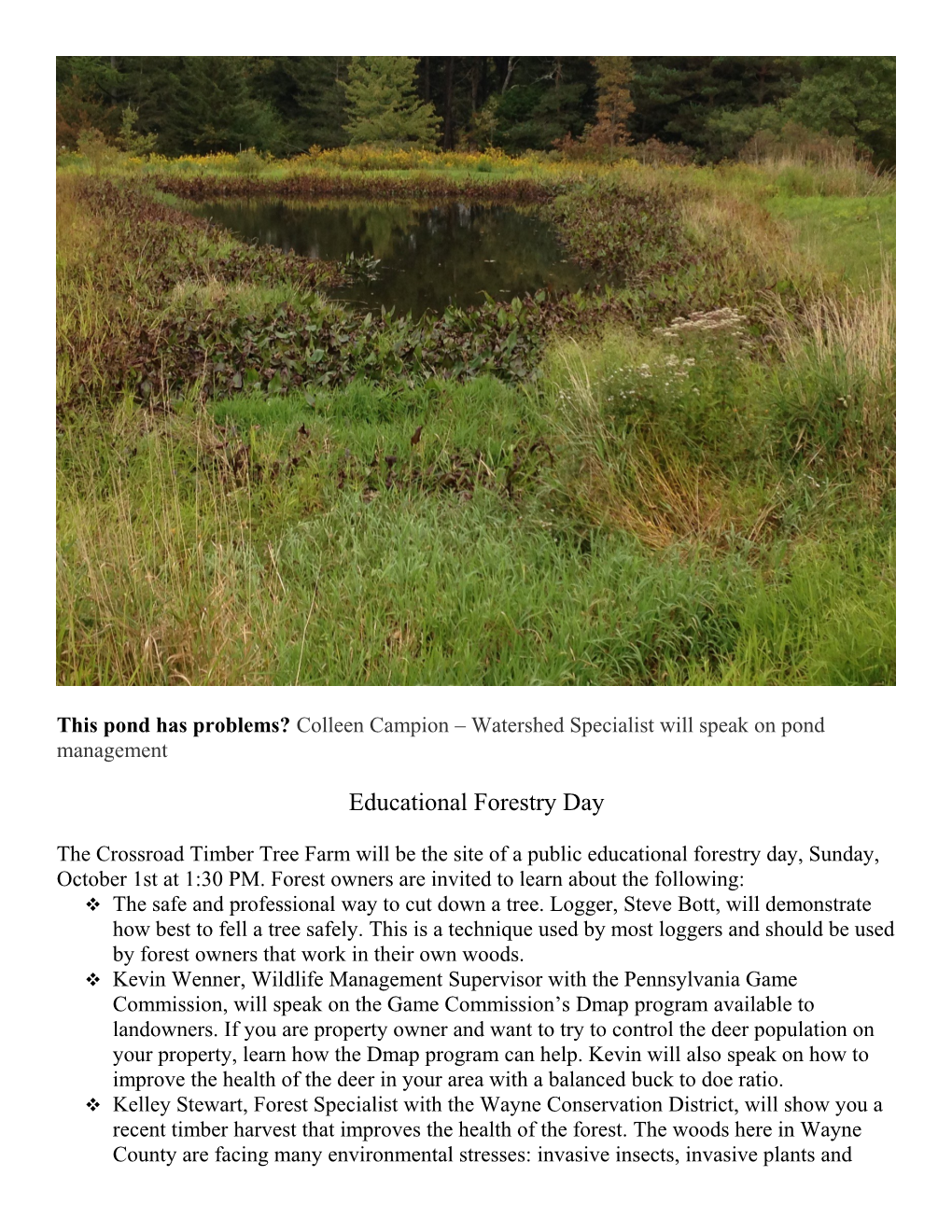 This Pond Has Problems? Colleen Campion Watershed Specialist Will Speak on Pond Management