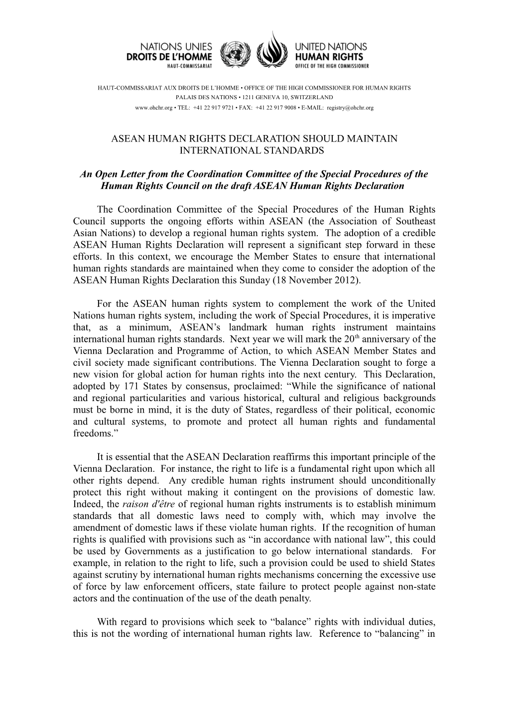 Asean Human Rights Declaration Should Maintain International Standards