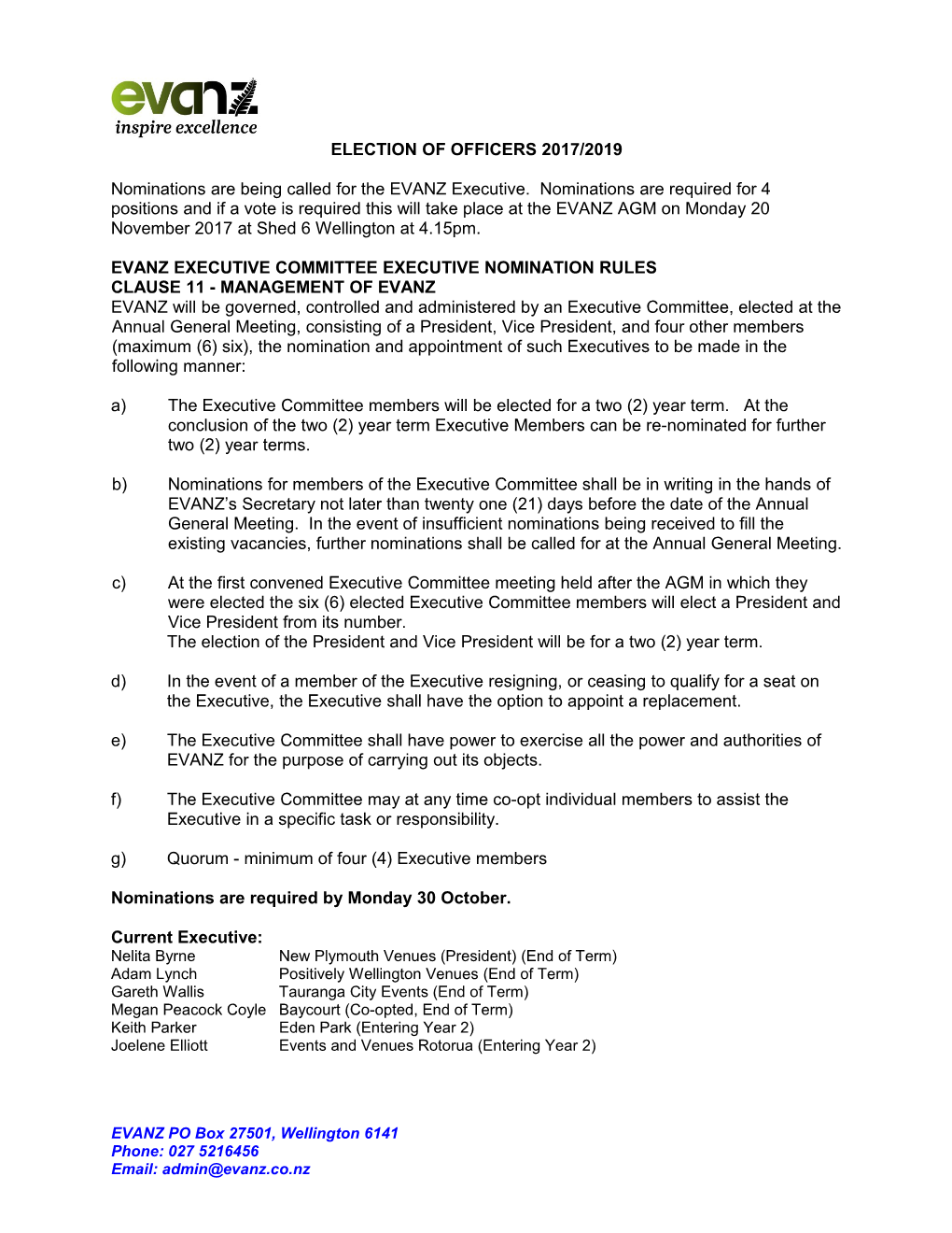 Evanz Executive Committee Executive Nomination Rules