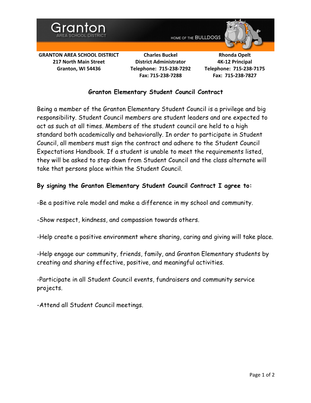 Granton Elementary Student Council Contract