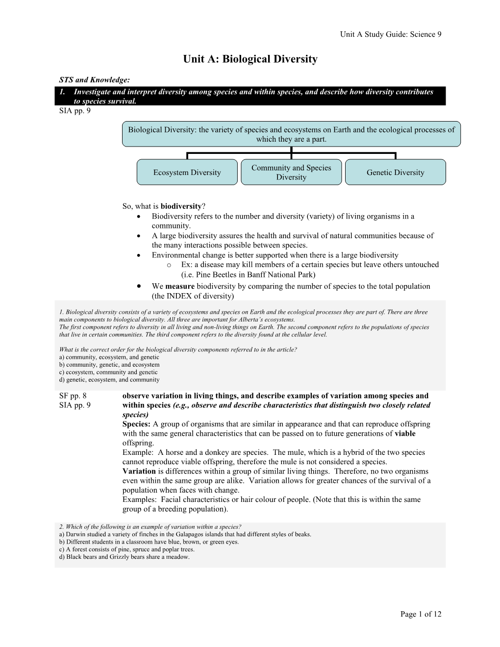Unit A: Biological Diversity
