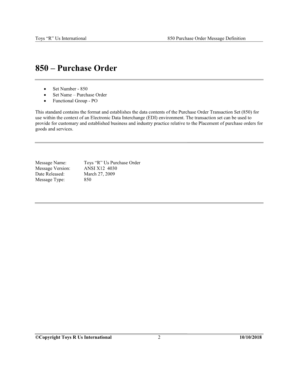 Toys R Us International850 Purchase Order Message Definition