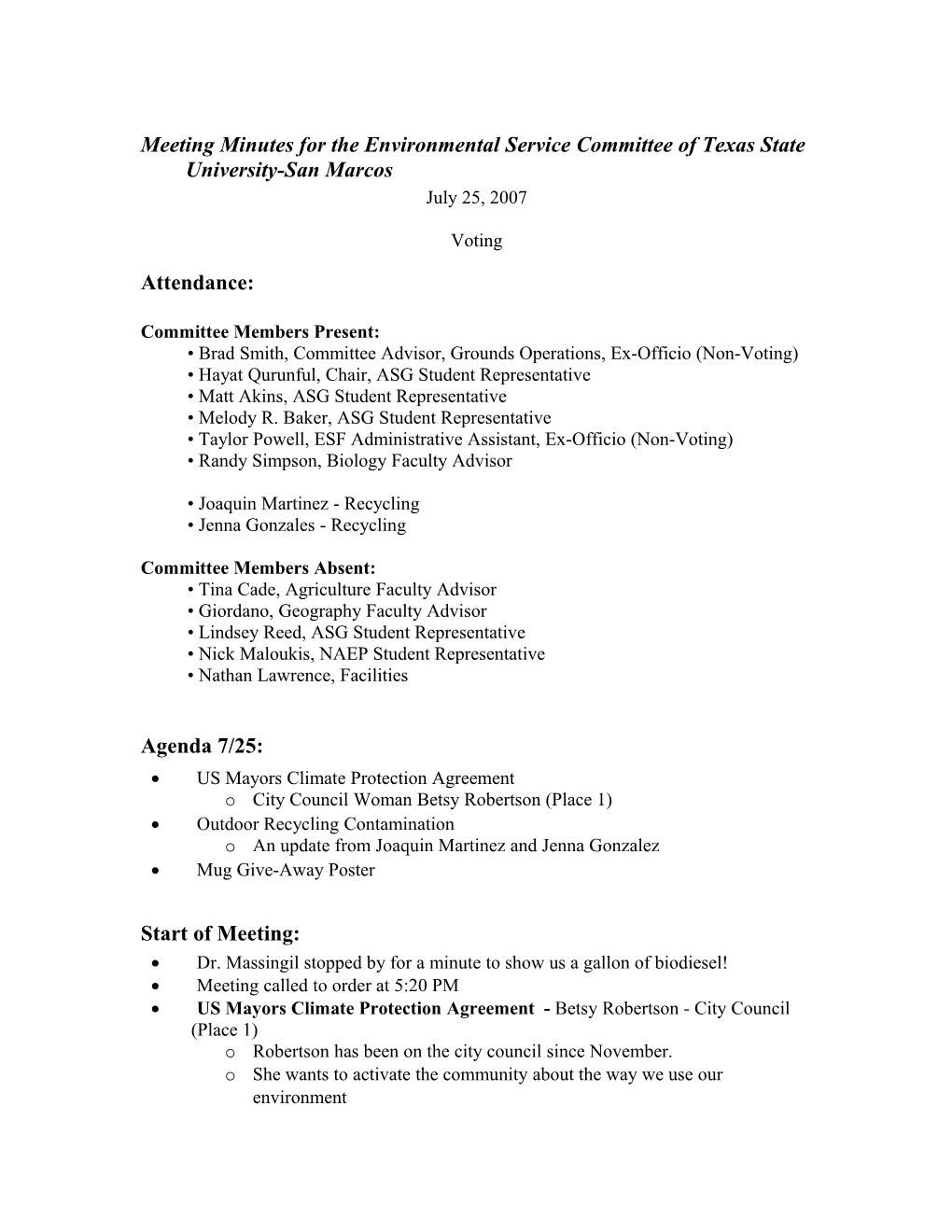 Meeting Minutes for the Environmental Service Fee Committee of Texas State University-San Marcos