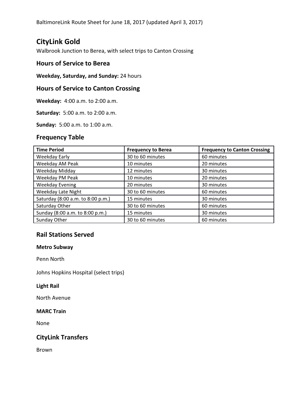 Walbrook Junction to Berea, with Select Trips to Canton Crossing