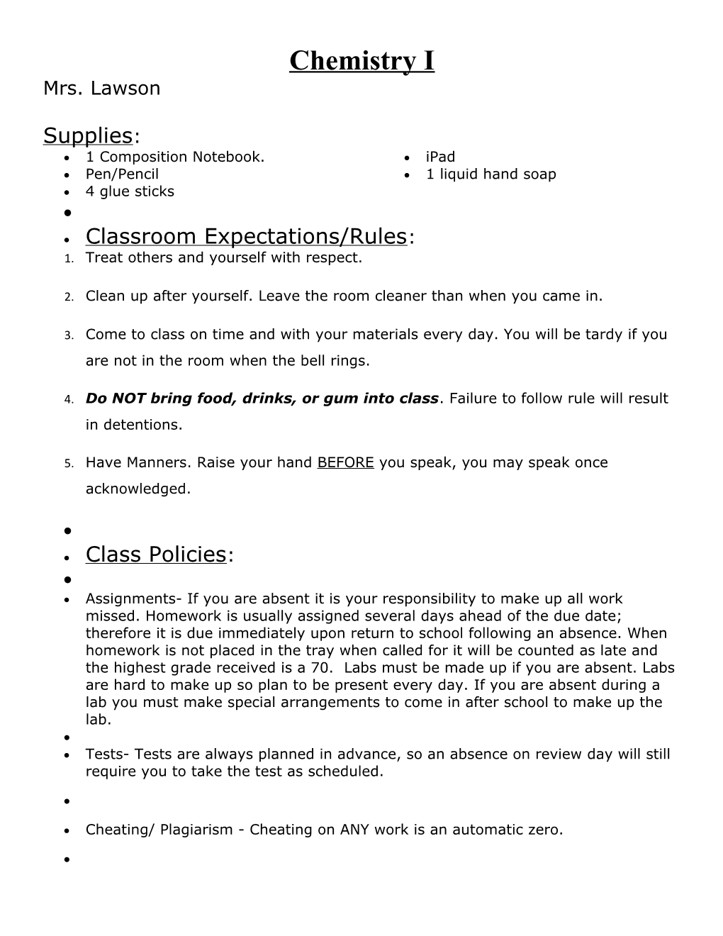 Classroom Expectations/Rules