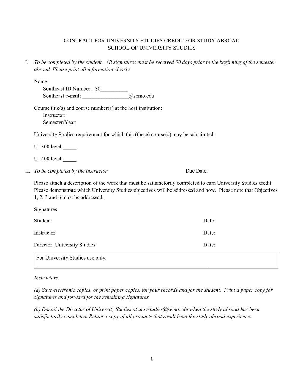 Contract for University Studies Credit for Study Abroad School of University Studies