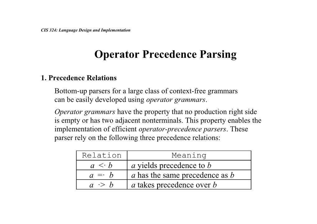 Operator Precedence Parsing
