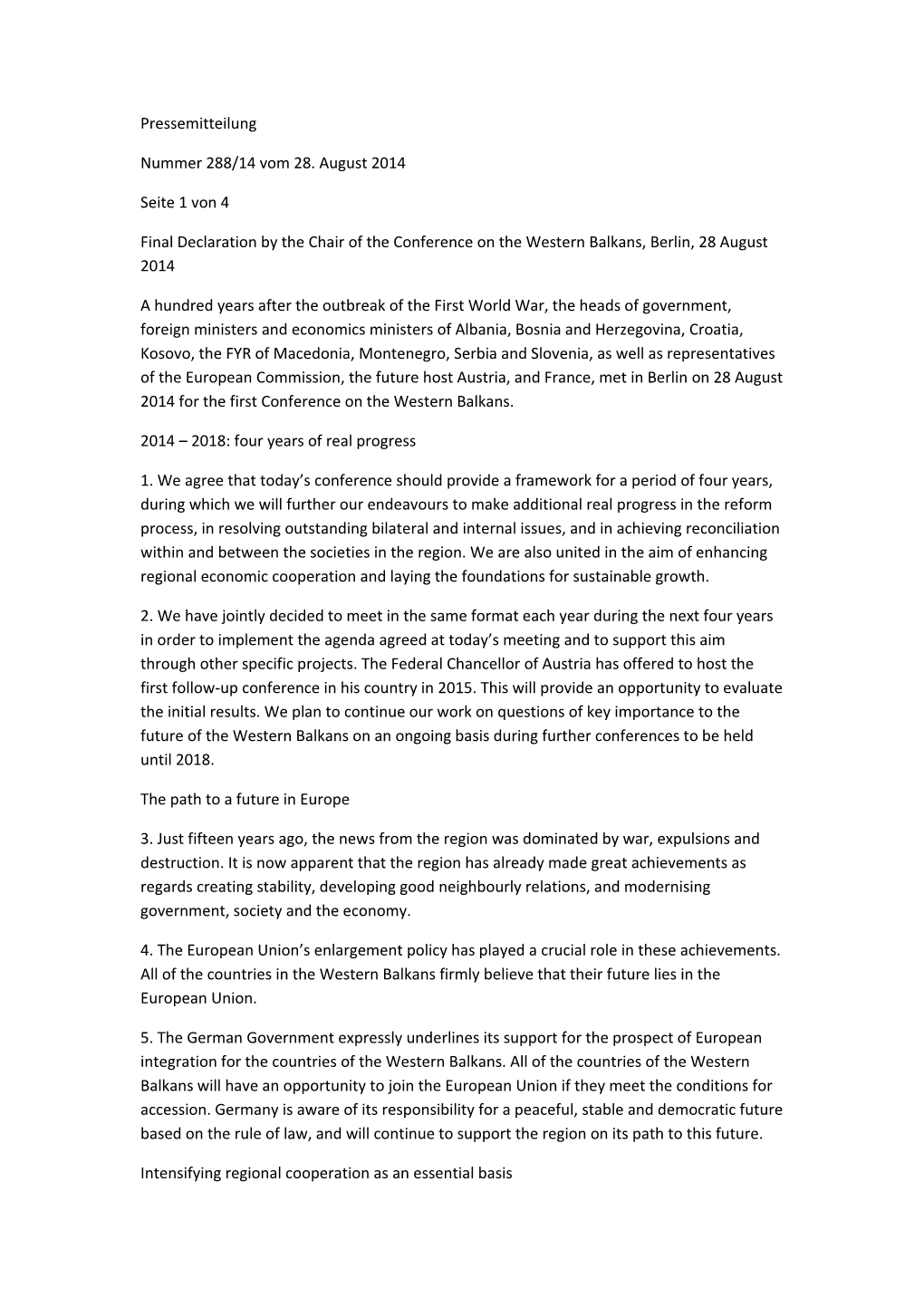 Final Declaration by the Chair of the Conference on the Western Balkans, Berlin, 28 August 2014
