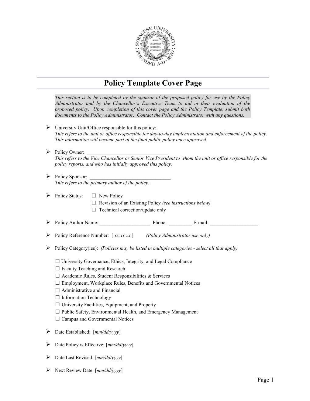 Policy Template Cover Page