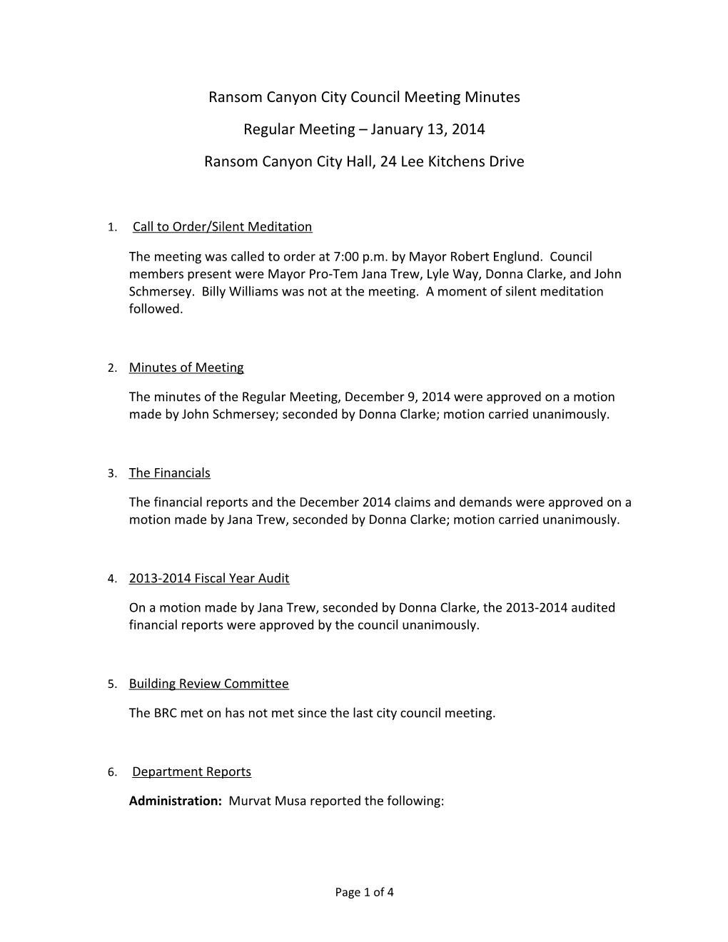 Ransom Canyon City Council Meeting Minutes