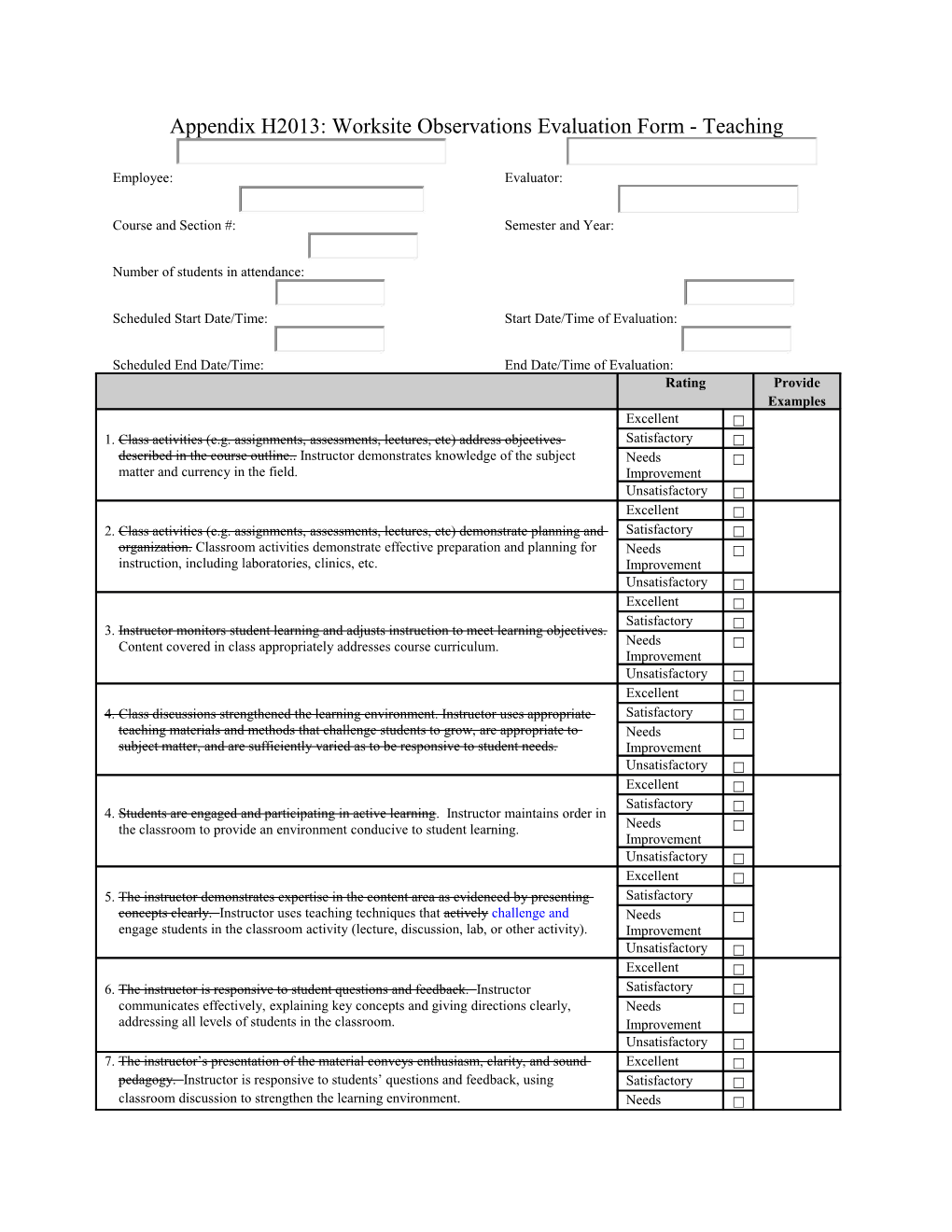 Appendix H2013: Worksite Observations Evaluation Form - Teaching
