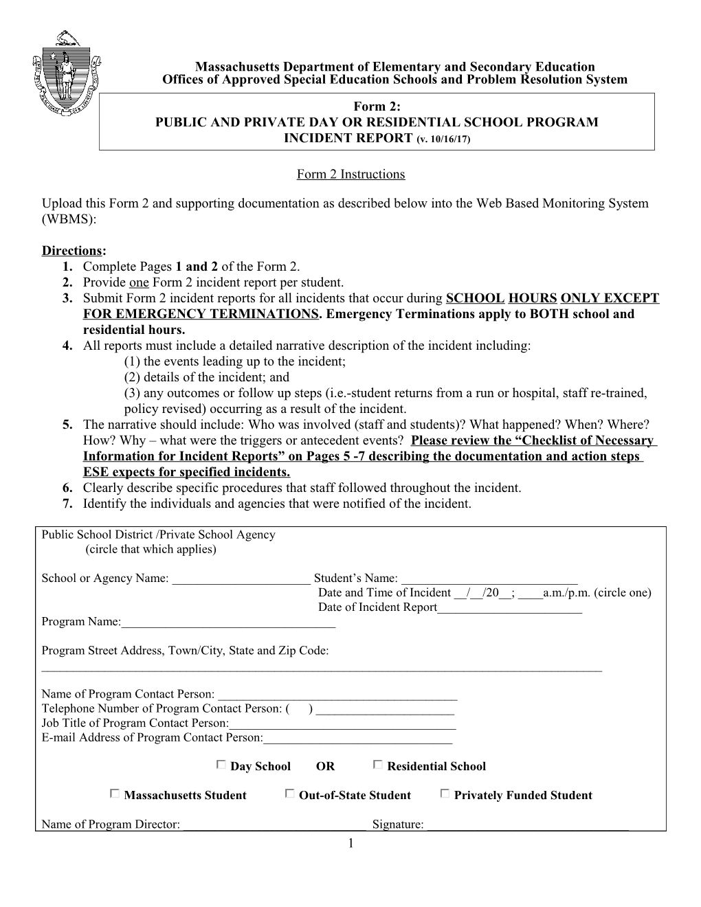 Form 2 Public and Private Day Or Residential School Incident Report