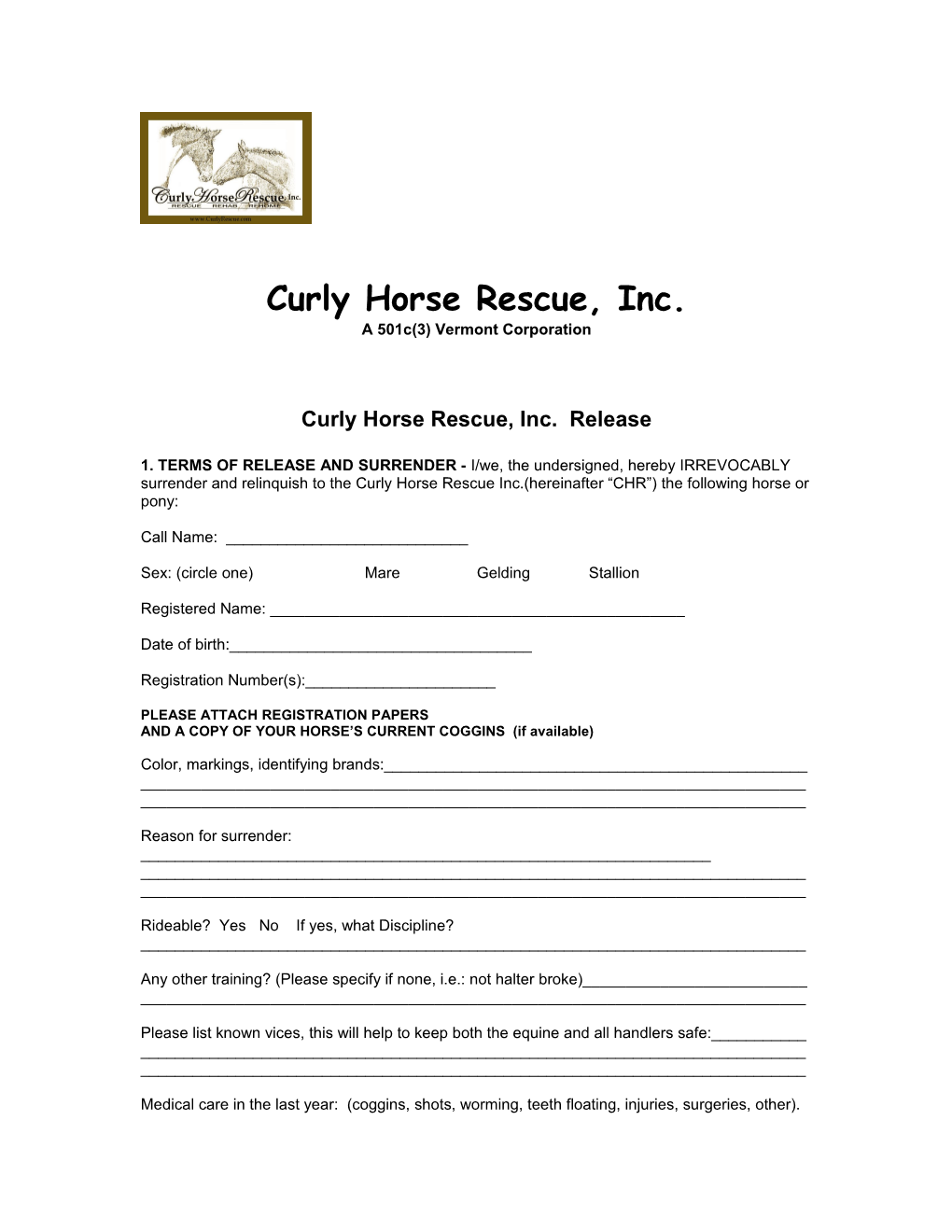 Curly Horse Rescue, Inc