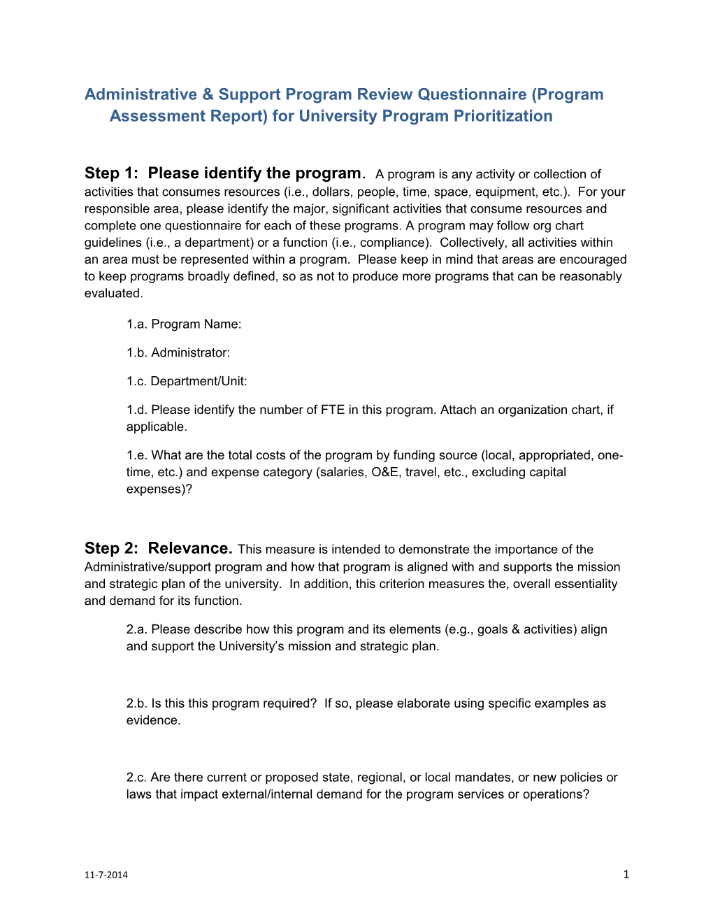 Administrative & Support Program Review Questionnaire (Program Assessment Report) for University