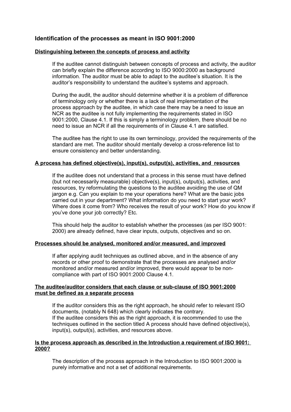 Topic A) How to Identify the Processes As Meant in ISO 9001 : 2000