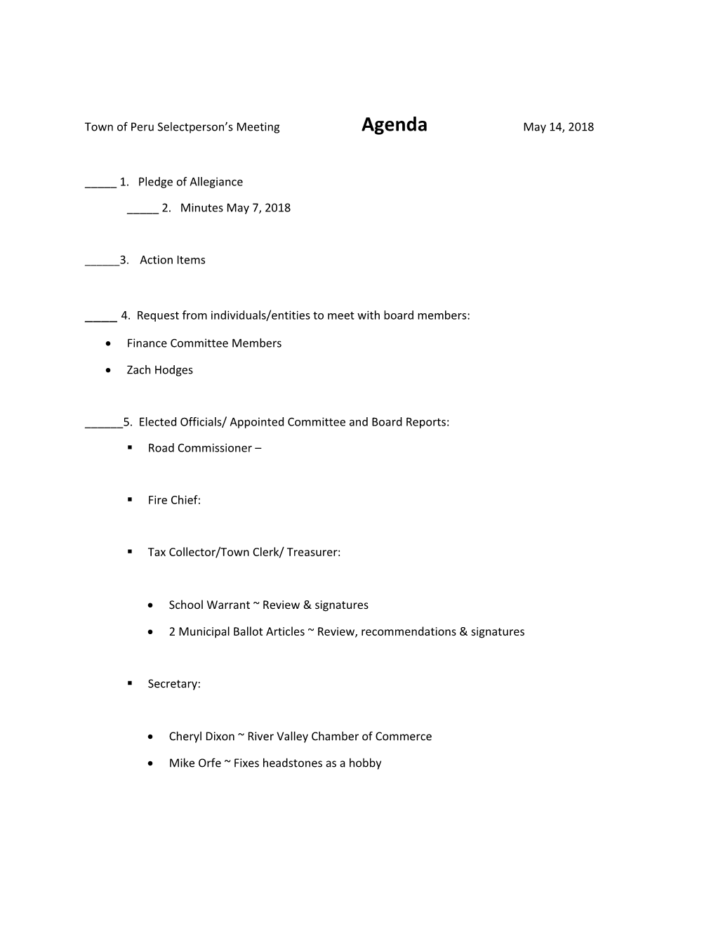Town of Peru Selectperson S Meeting Agenda May14, 2018