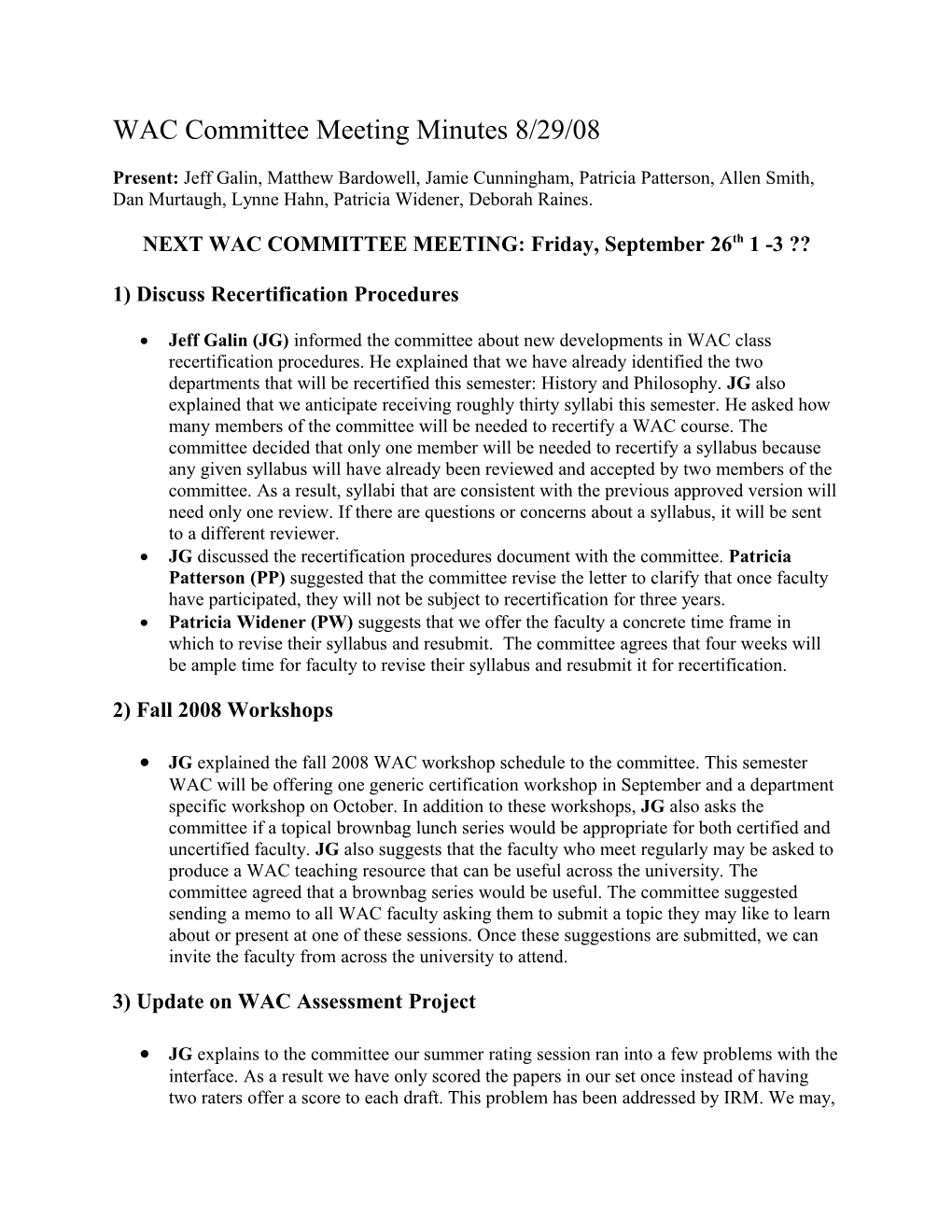 WAC Committee Meeting Minutes 3/21/08