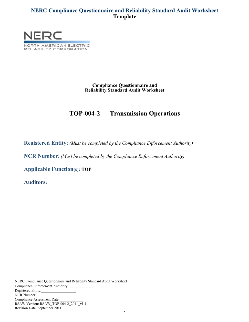 NERC Compliance Questionnaire and Reliability Standard Audit Worksheet