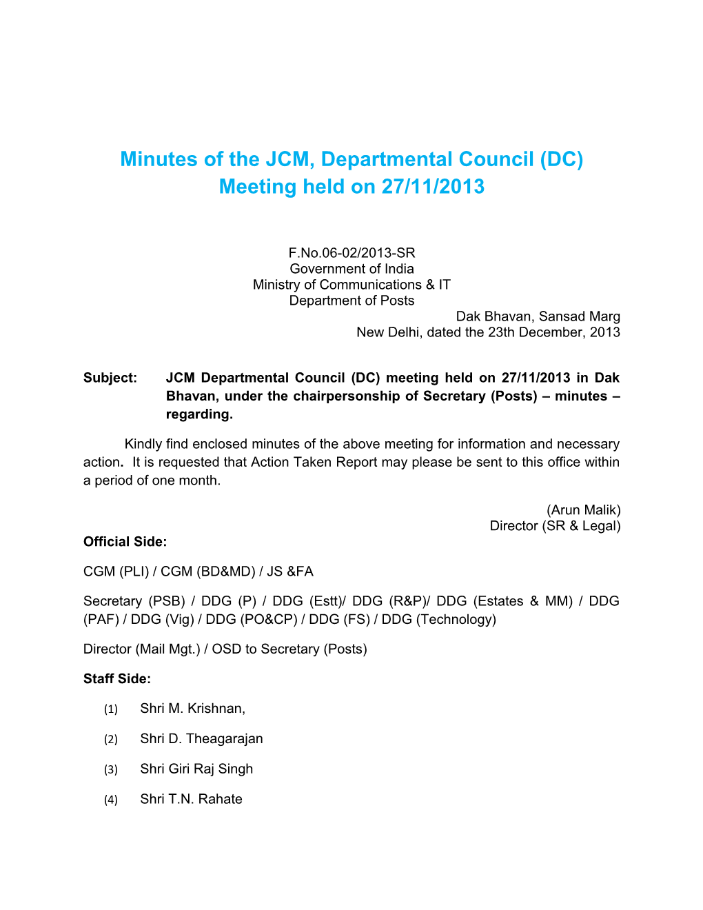 Minutes of the JCM, Departmental Council (DC) Meeting Held on 27/11/2013
