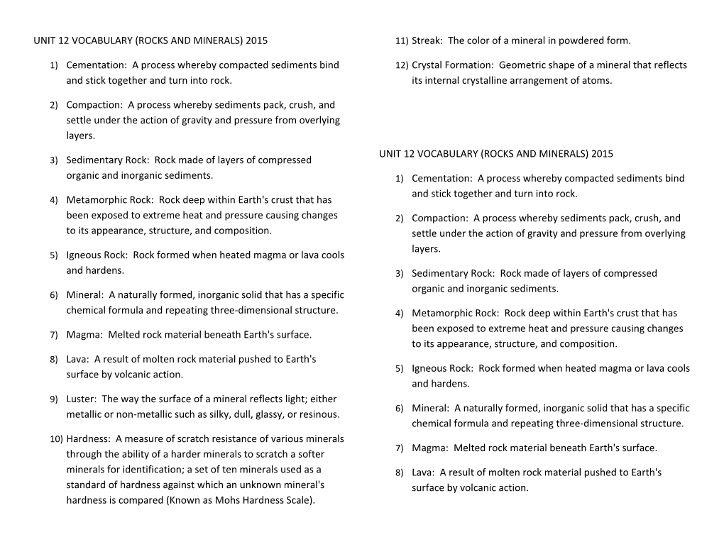 Unit 12 Vocabulary (Rocks and Minerals) 2015