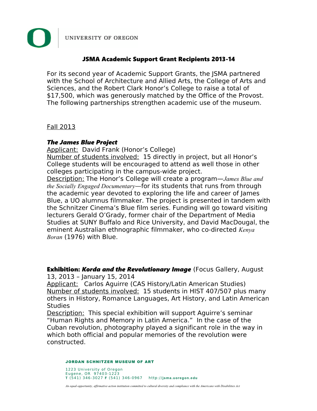 JSMA Academic Support Grant Recipients 2013-14
