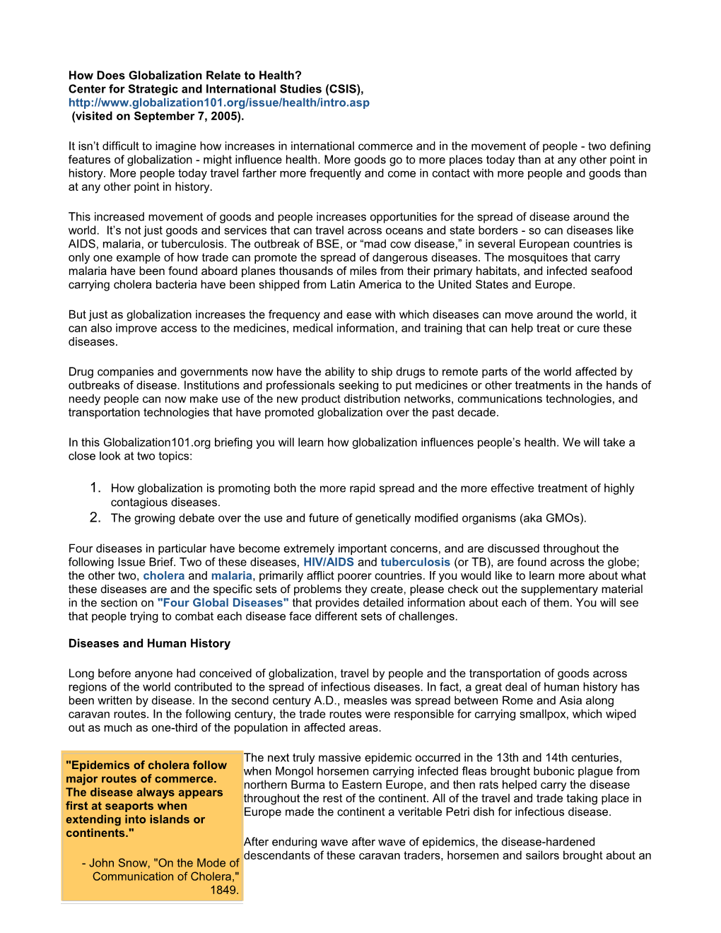 Handout 1: Introduction: How Does Globalization Relate to Health