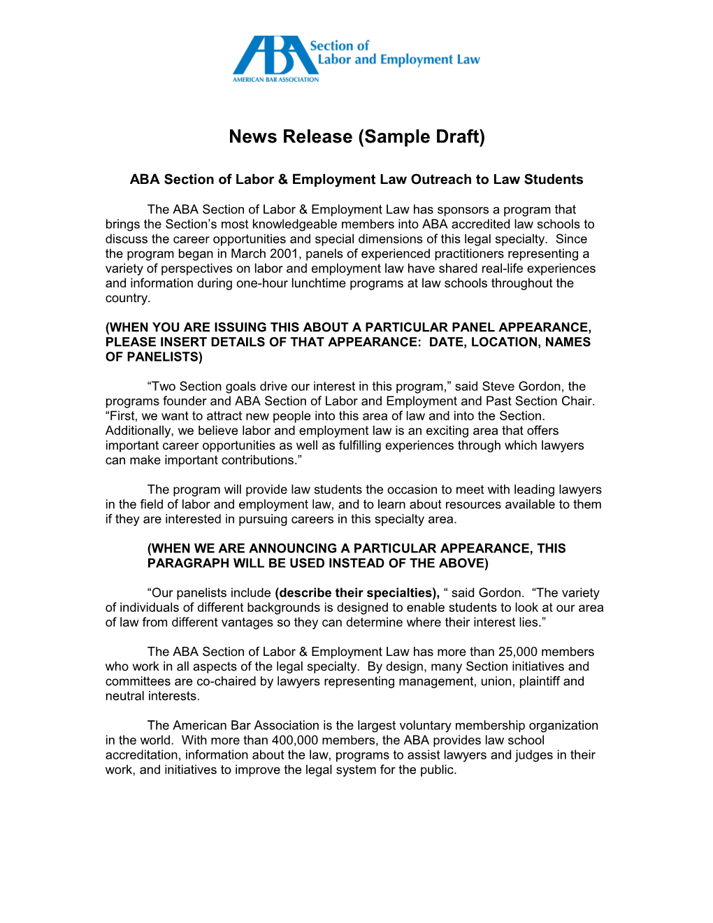 News Release (Sample Draft)