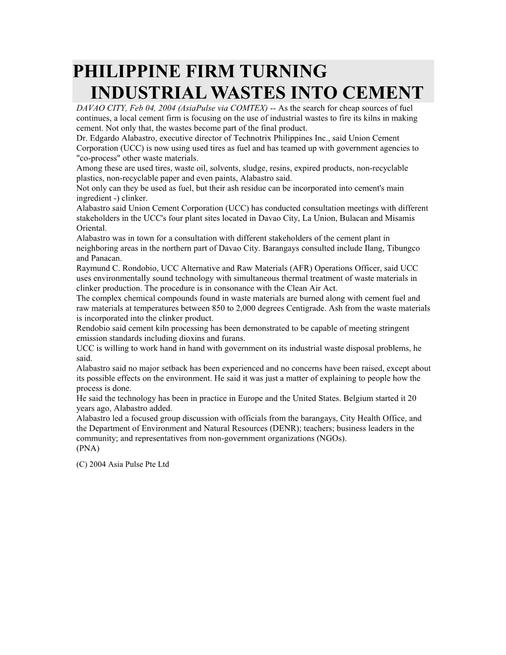 Philippine Firm Turning Industrial Wastes Into Cement