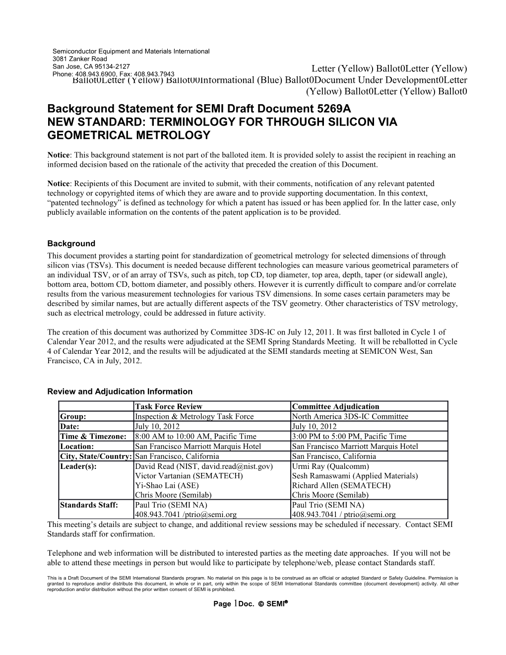 Background Statement for SEMI Draft Document 5269A