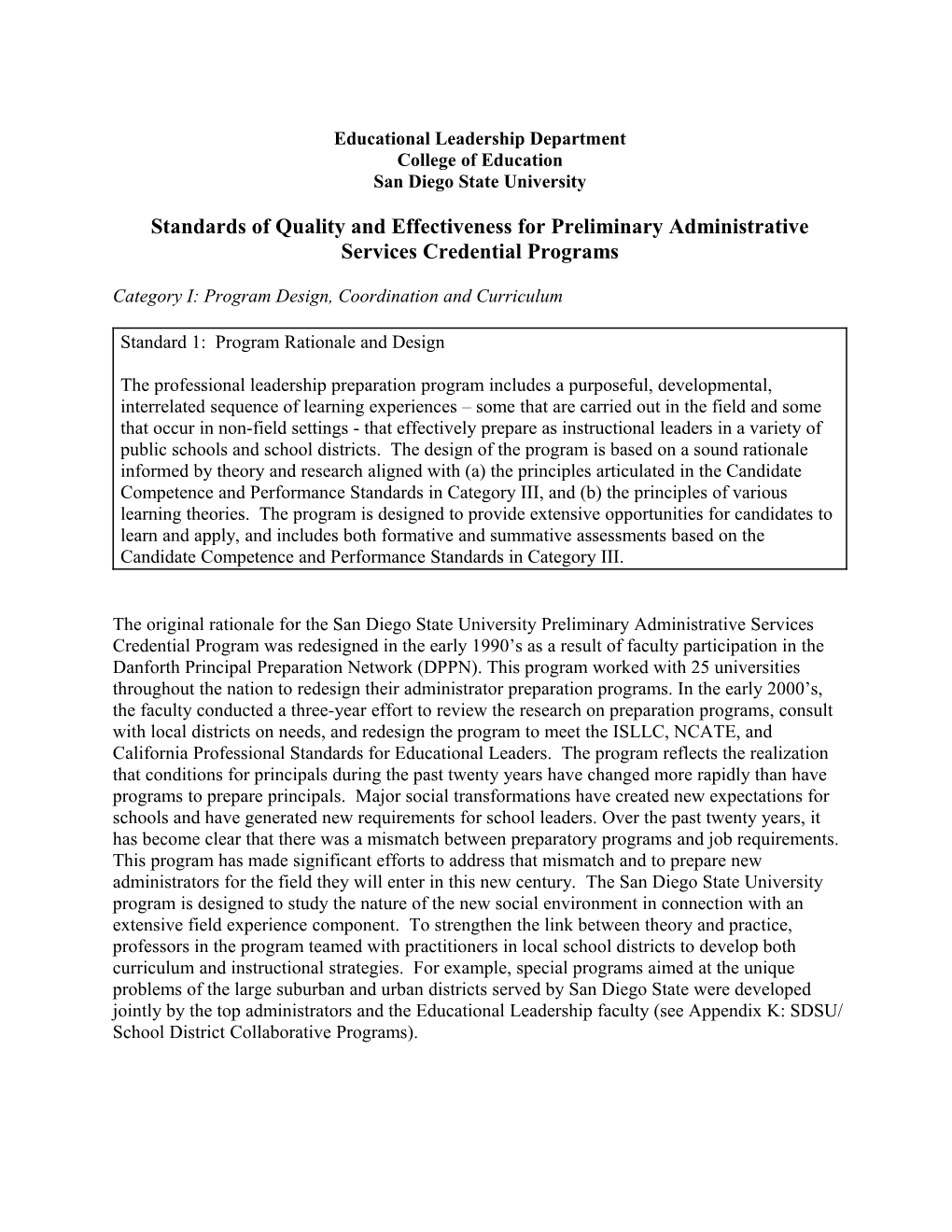 Standards of Quality and Effectiveness for Preliminary Administrative Services Credential