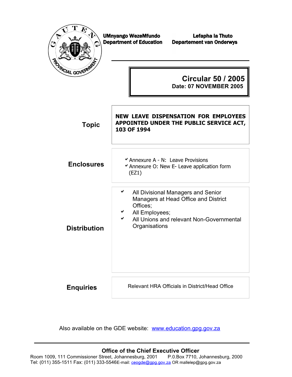 Circular 50 of 2005 NEW LEAVE DISPENSATION for EMPLOYEES APPOINTED UNDER the PUBLIC SERVICE