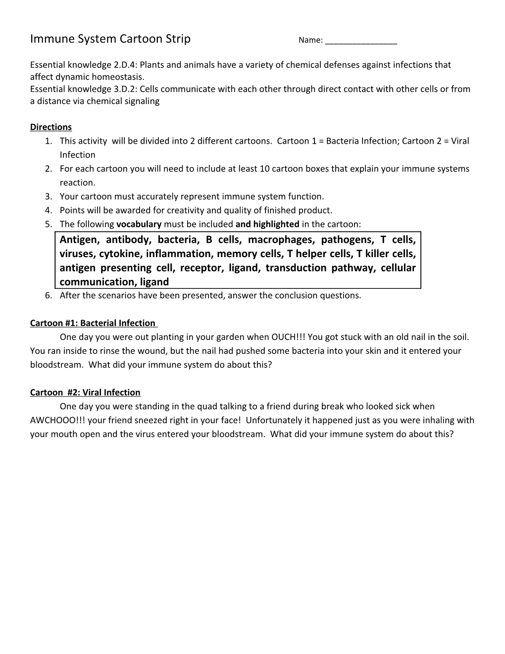 Immune System Cartoon Stripname: ______