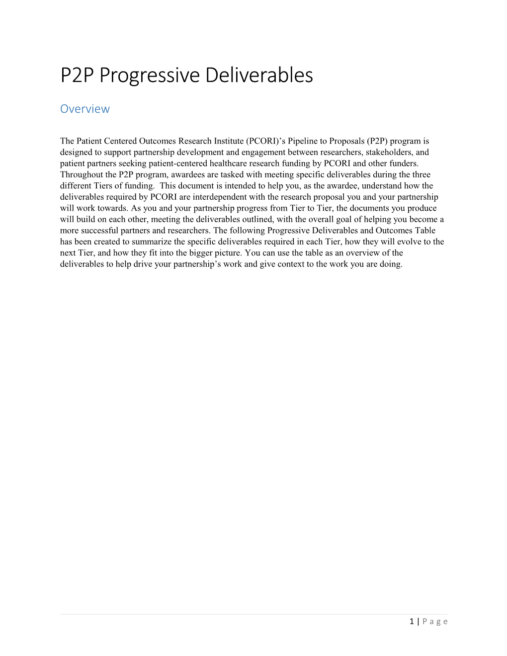 Progressive Deliverables and Outcomes Table