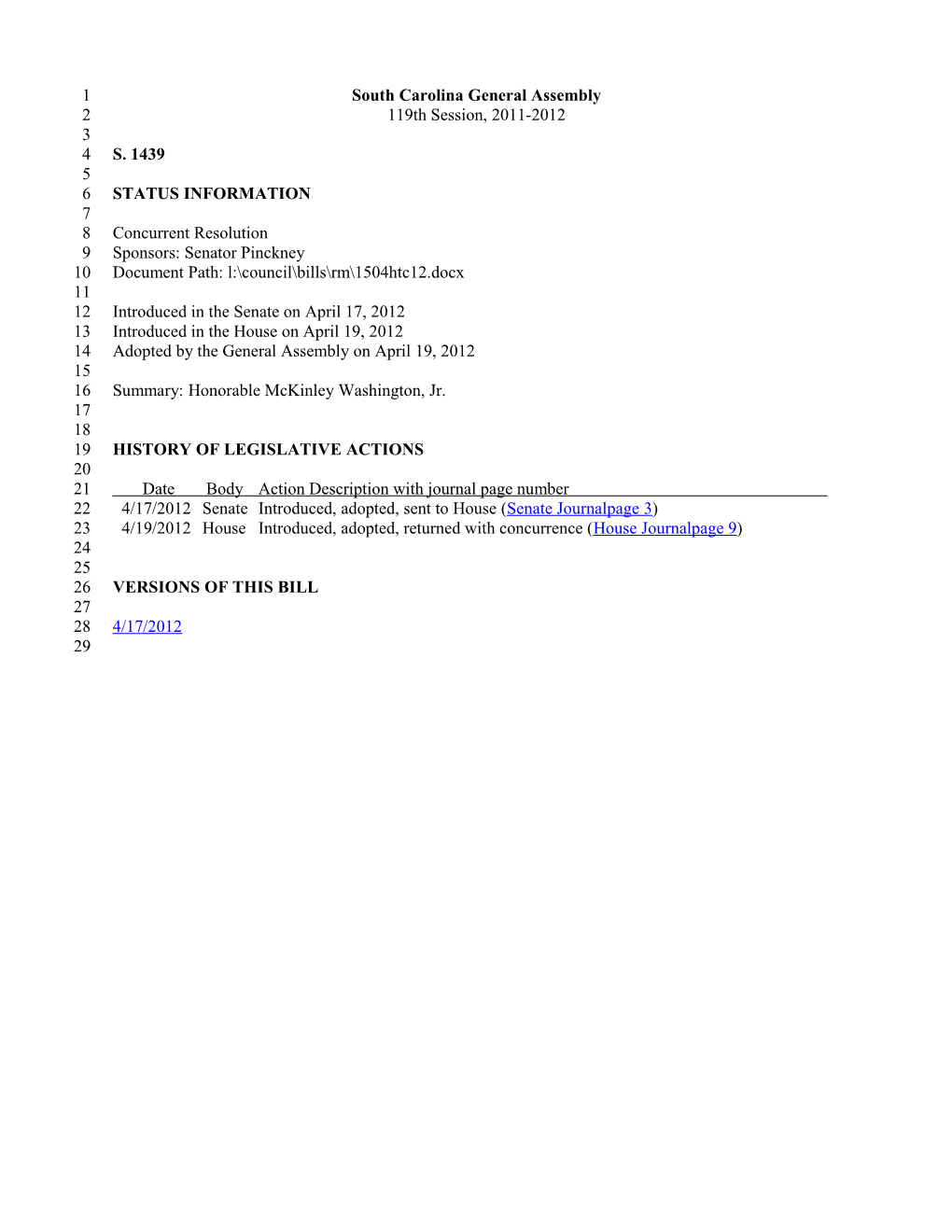 2011-2012 Bill 1439: Honorable Mckinley Washington, Jr. - South Carolina Legislature Online