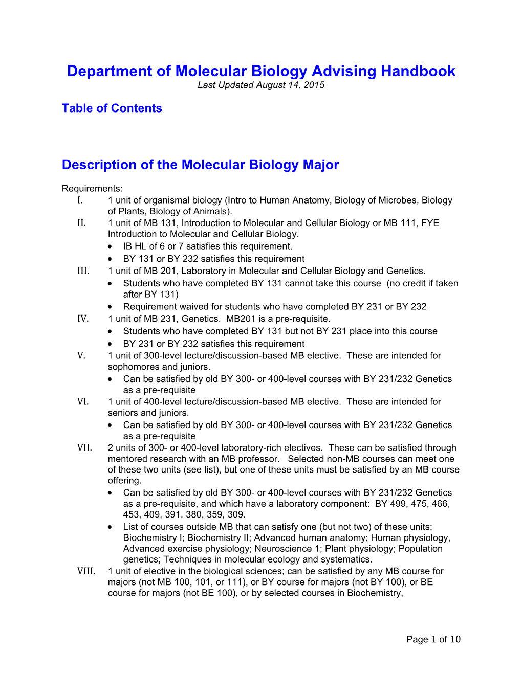 Department of Molecular Biologyadvising Handbook