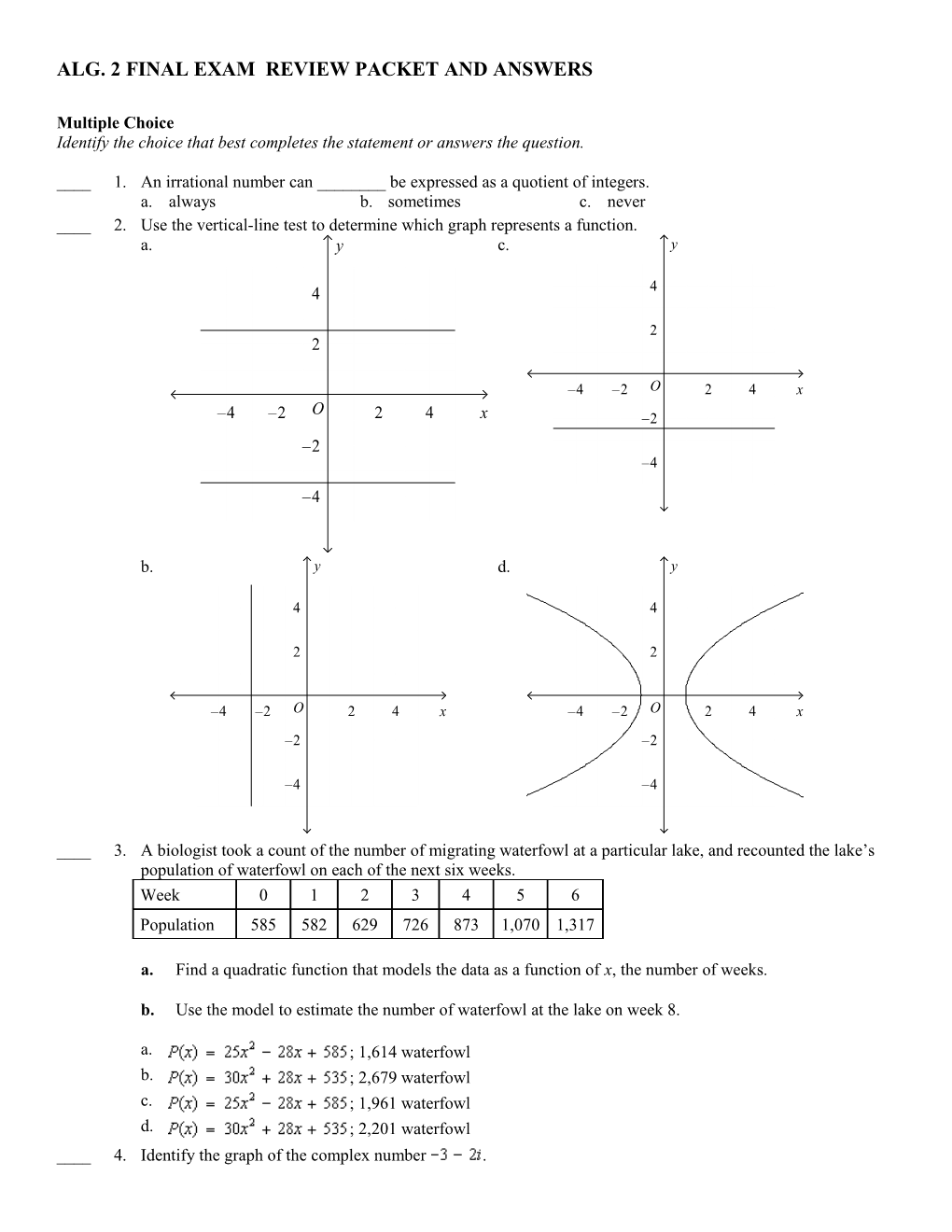 Alg. 2 Final Exam Review Packet and Answers