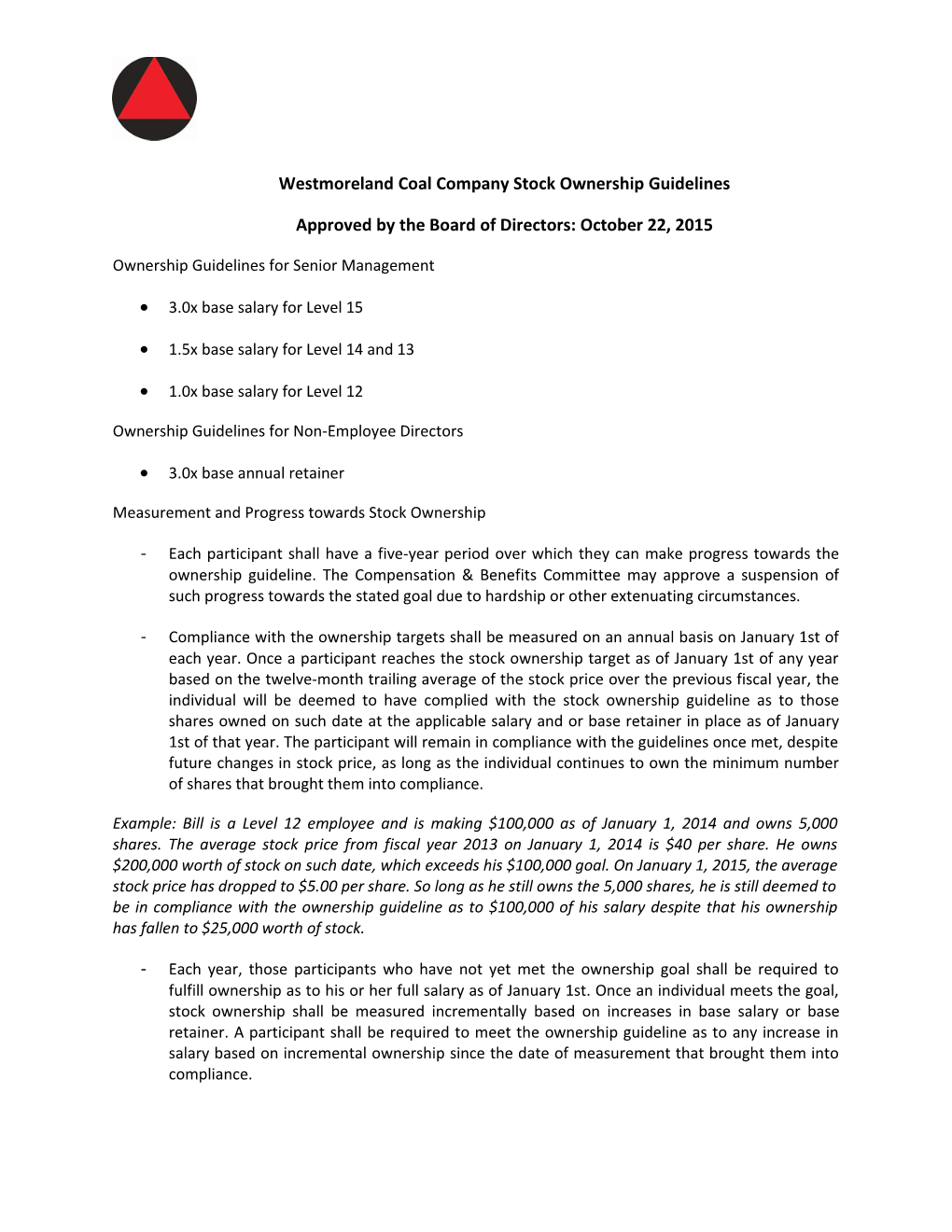 Westmoreland Coal Company Stock Ownership Guidelines