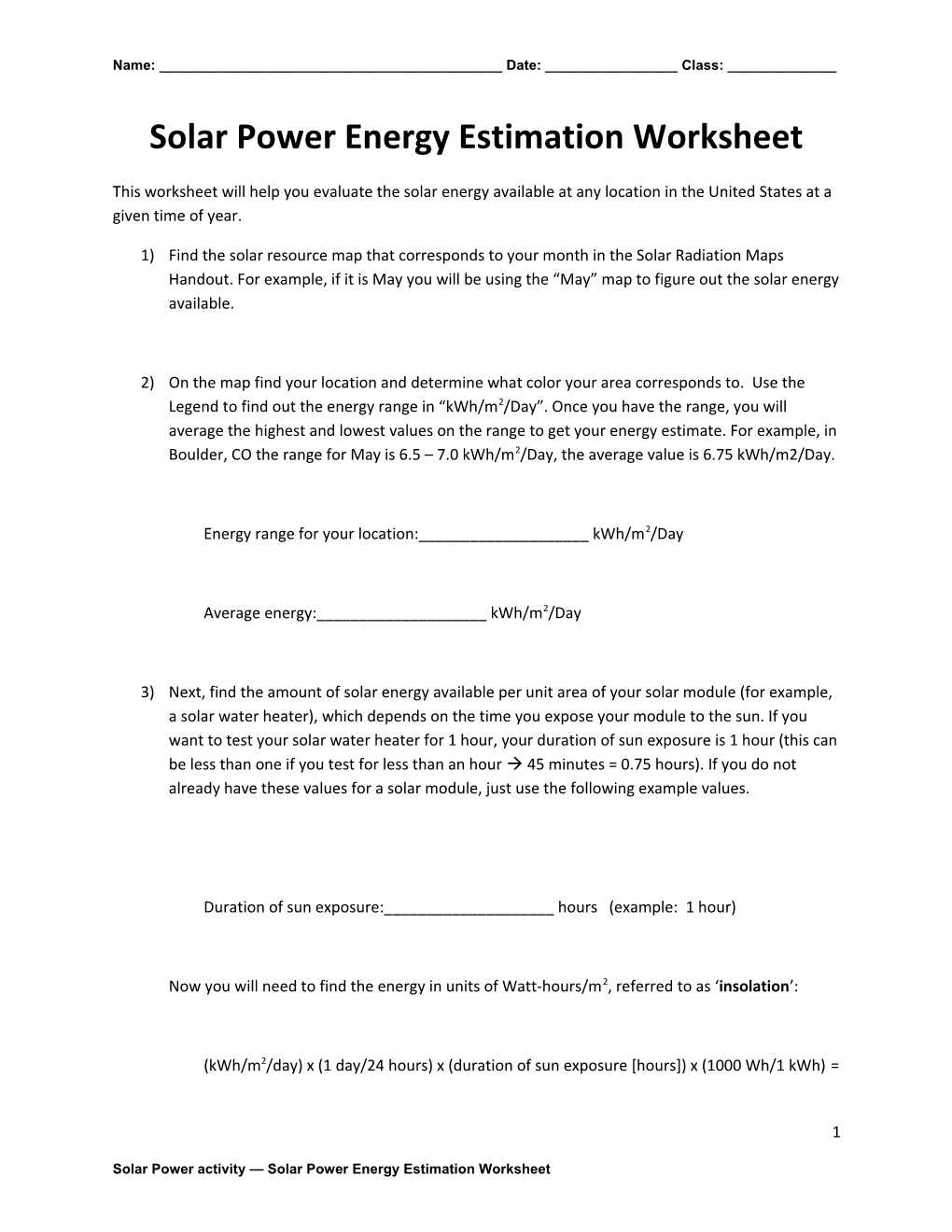 Solar Power Energy Estimation Worksheet