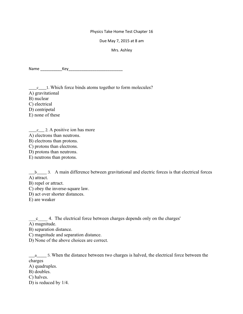 Physics Take Home Test Chapter 16