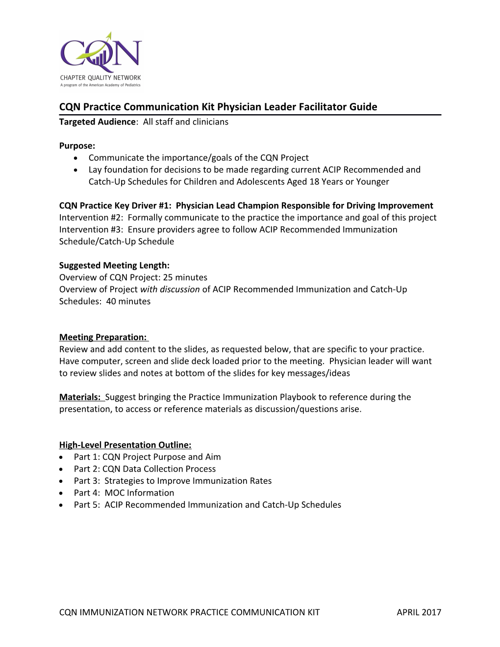 CQN Practice Communication Kit Physician Leader Facilitator Guide