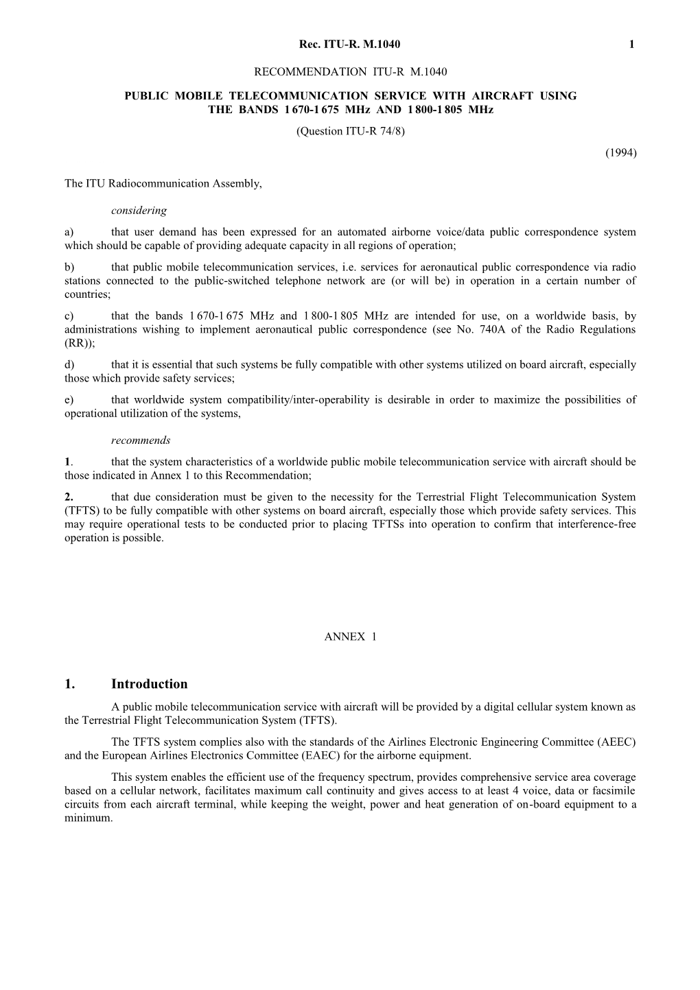 M.ITU-R. M.1040 - Public Mobile Telecommunication Service with Aircraft Using the Bands