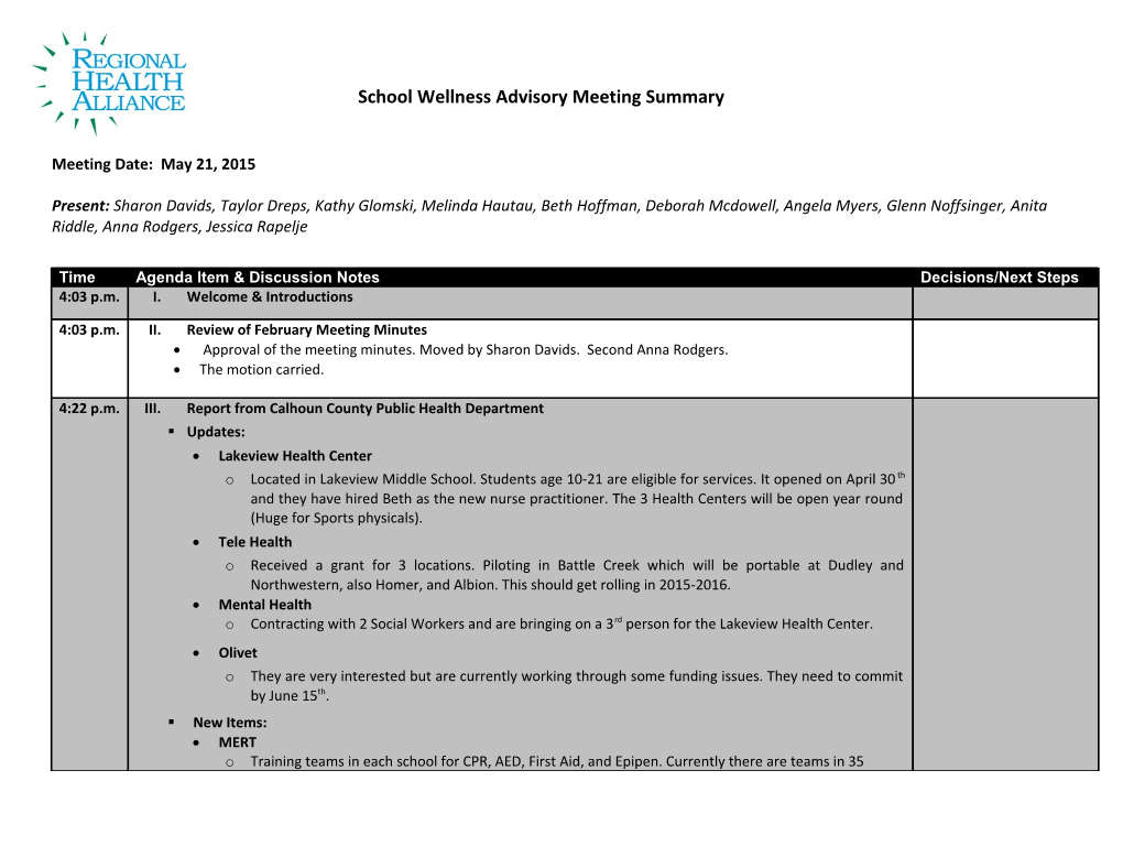 School Wellness Advisory Meeting Summary