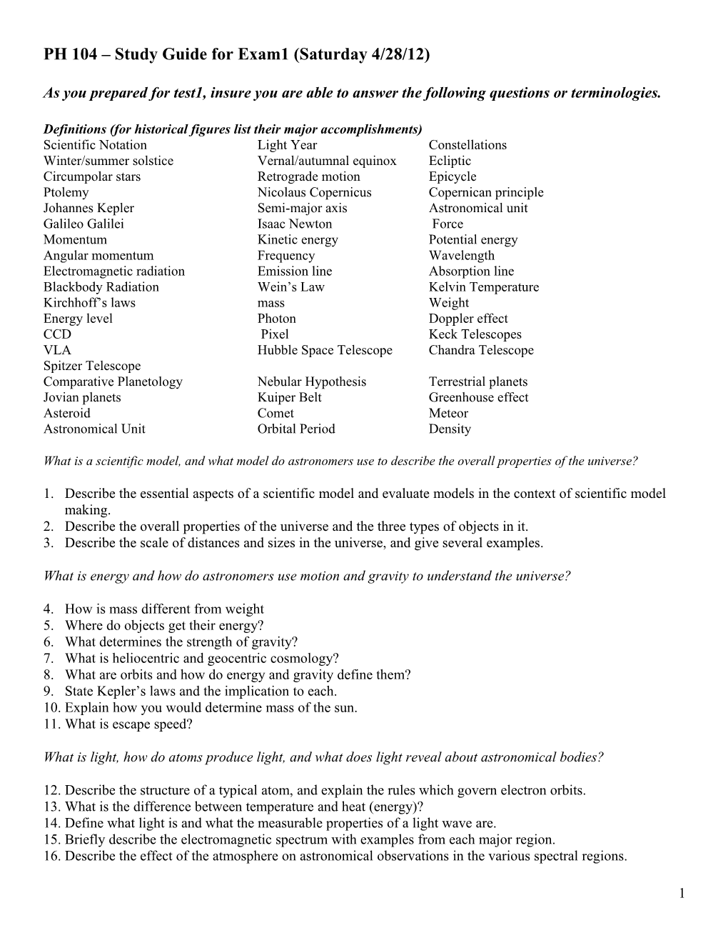 PH 104 Study Guide for Exam1 (Saturday 4/28/12)